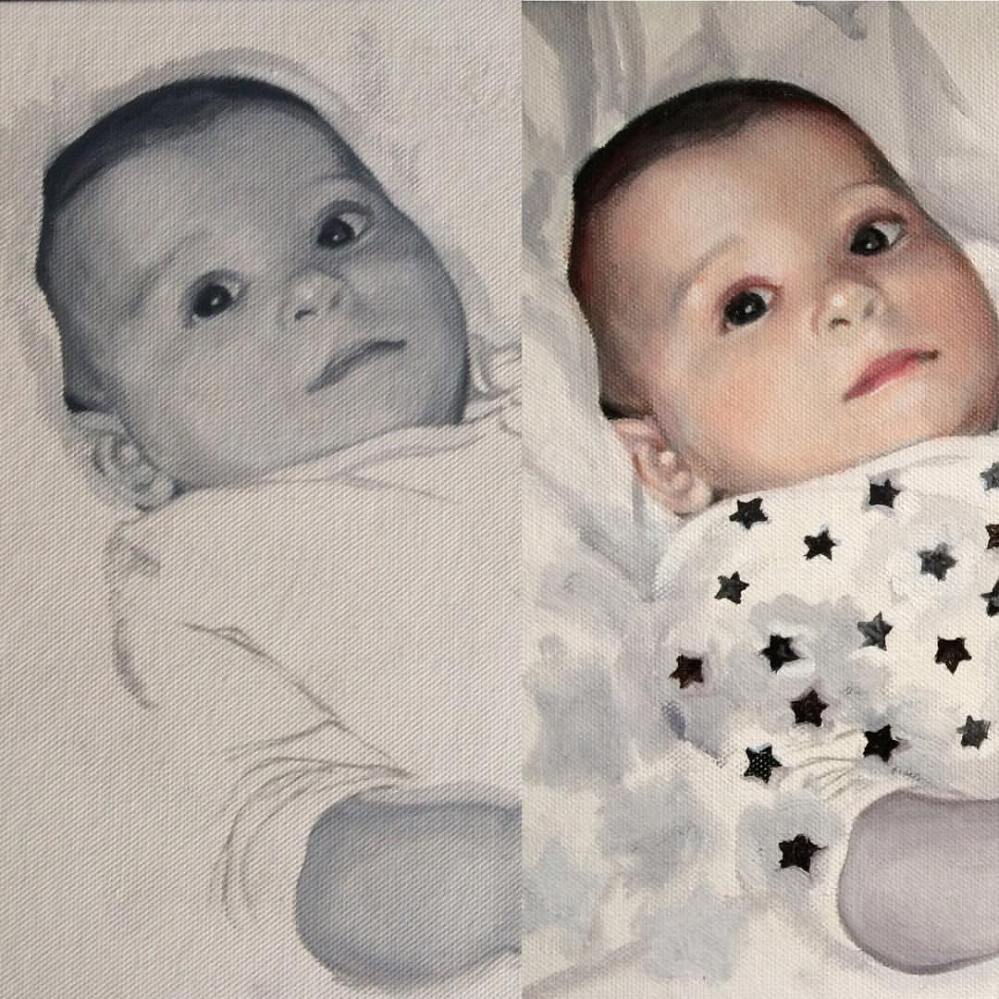 Showing before and after the 1st glaze over grisaille underpainting on a custom child portrait by British portrait artist Matt Harvey