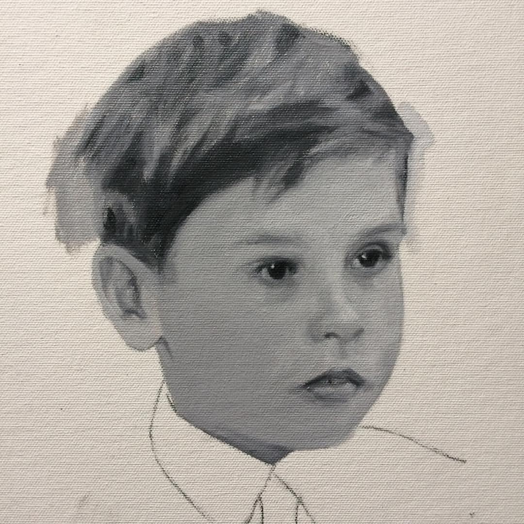 grisaille portrait painting of a boy by British contemporary portrait painter and artist Matt Harvey from Devon, UK