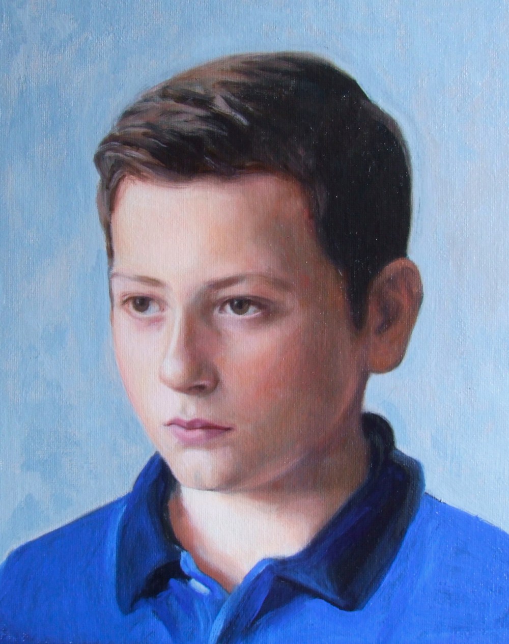 Portrait of a boy, oil on canvas using the grisaille method by British portrait artist matt Harvey