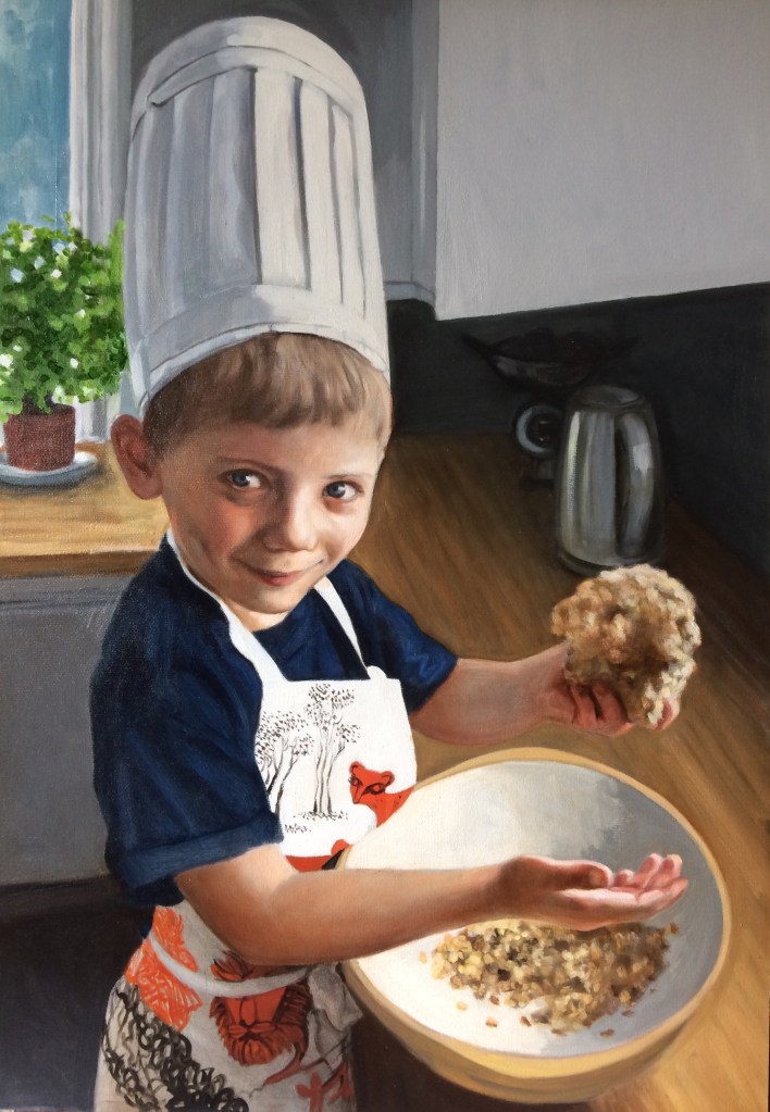 This is a portrait of a young man baking, commissioned from Devon based British portrait painter and artist Matt Harvey.