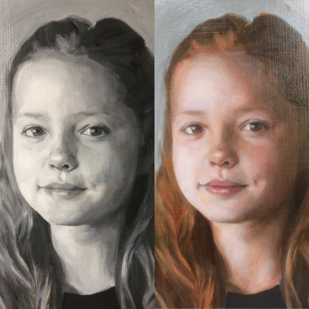 Image showing before and after views of a portrait painting commission where the first glaze in oil paint has been painted over a grisaille underpainting