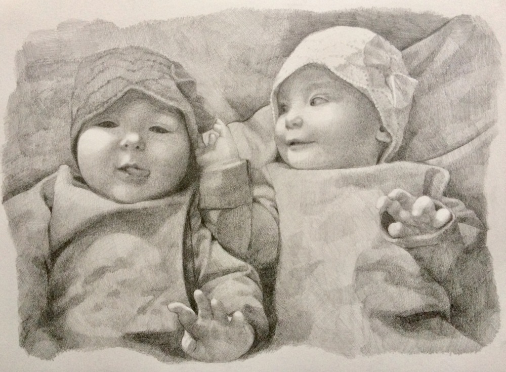 custom portrait commission, drawing of twin girls, pencil on paper