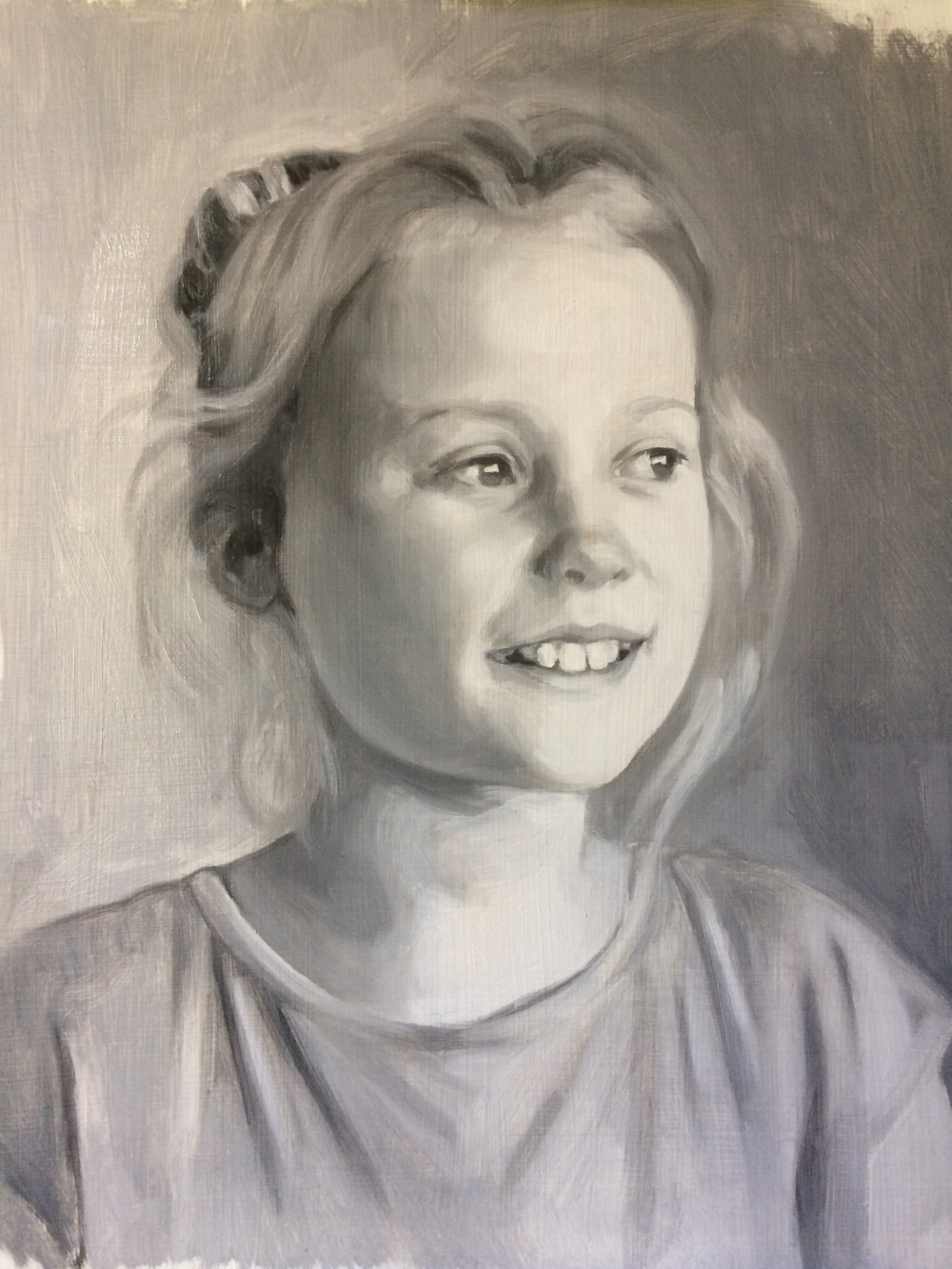 Grisaille portrait commission in oil paints, before first glaze.