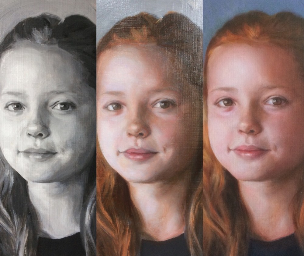 Portrait painting commission in 3 stages by British contemporary portrait artist Matt Harvey, based in Devon, UK
