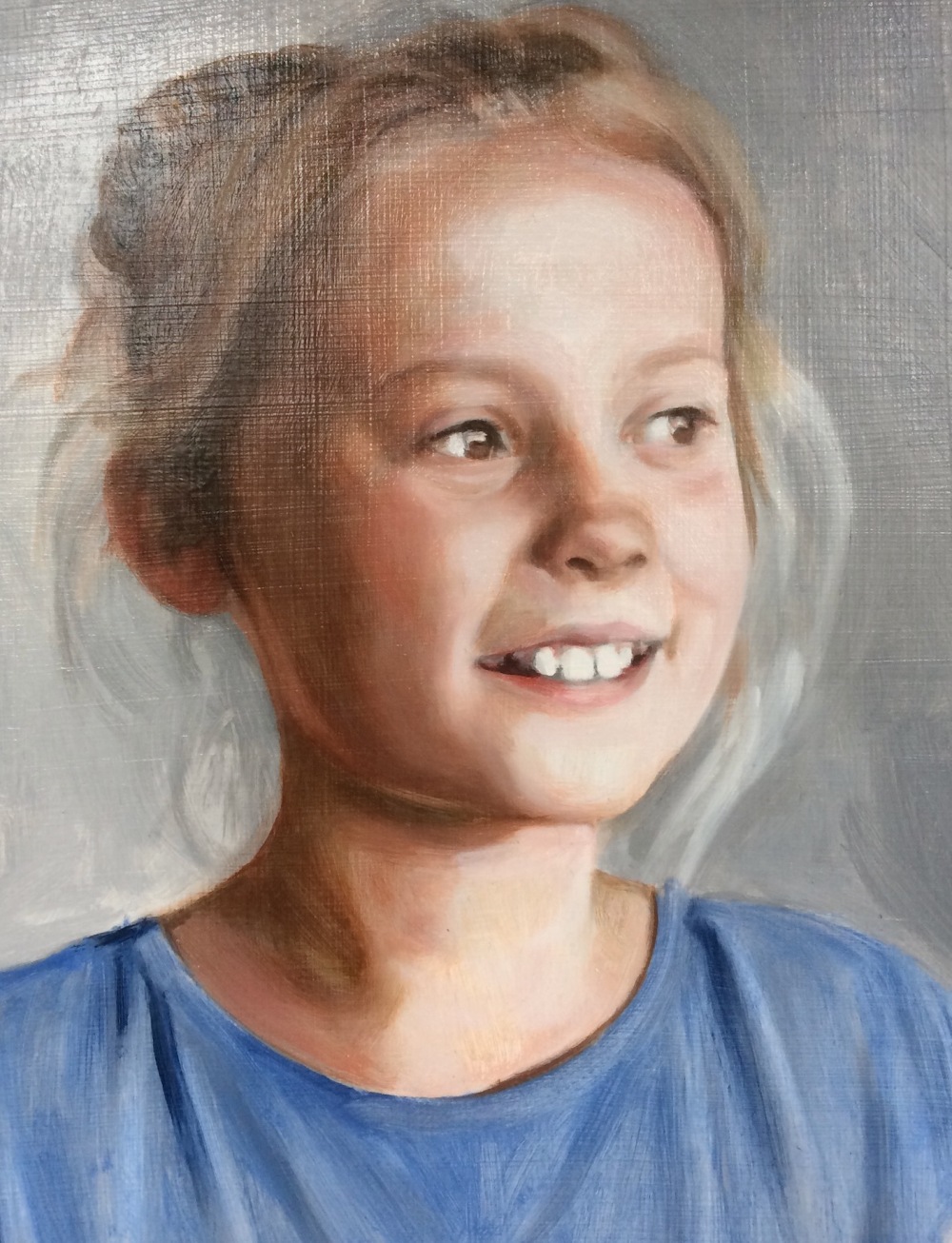 Second oil glaze on a commissioned portrait painting by British portrait painter and artist Matt Harvey
