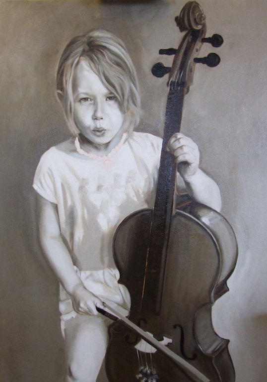 Commissioned portrait of a young cellist by matt harvey uk portrait artist and painter. painted in grisaille using raw umber and titanium white