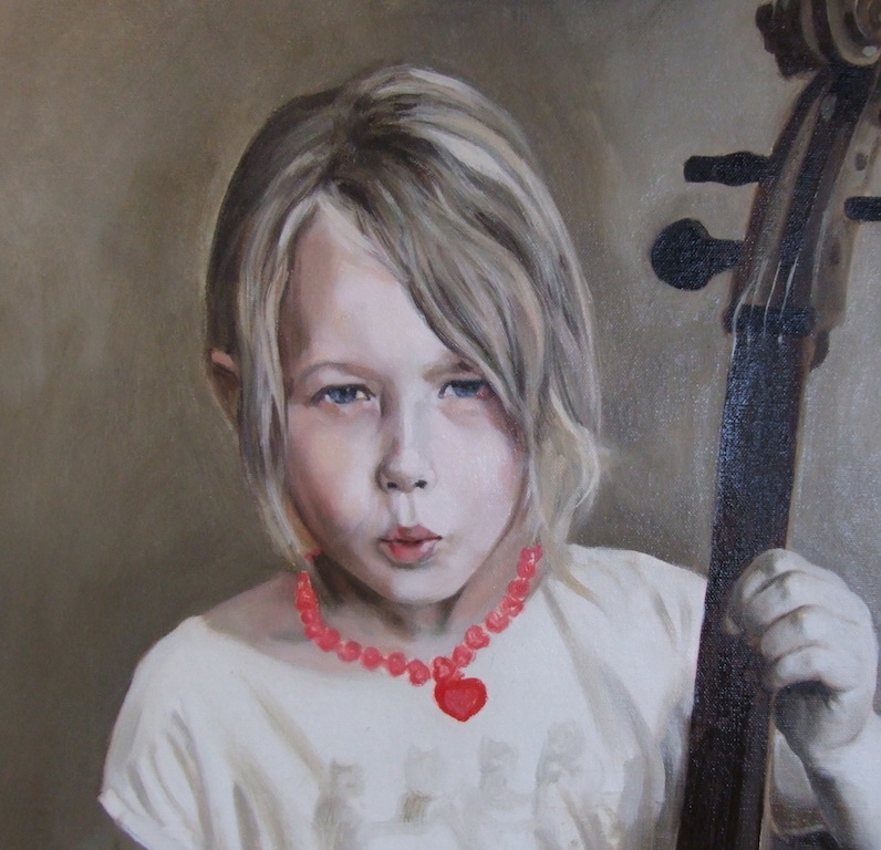 Detail of a portrait painting showing the first glaze over a grisaille underpainting by UK portrait artist Matt Harvey. The subtle glazes reveal the character and life of the sitter, and give great depth to this portrait commission