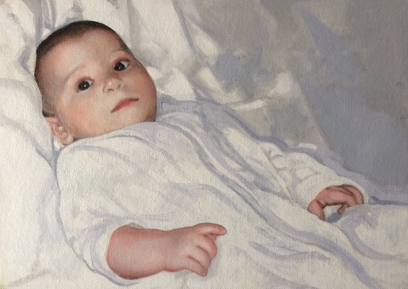 Portrait painting of a baby by Devon based UK portrait painter and artist Matt Harvey. A portrait commission in oil on canvas