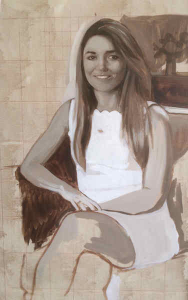 Detail of grisaille underpainting, on a portrait painting in progress by portrait painter Matt Harvey