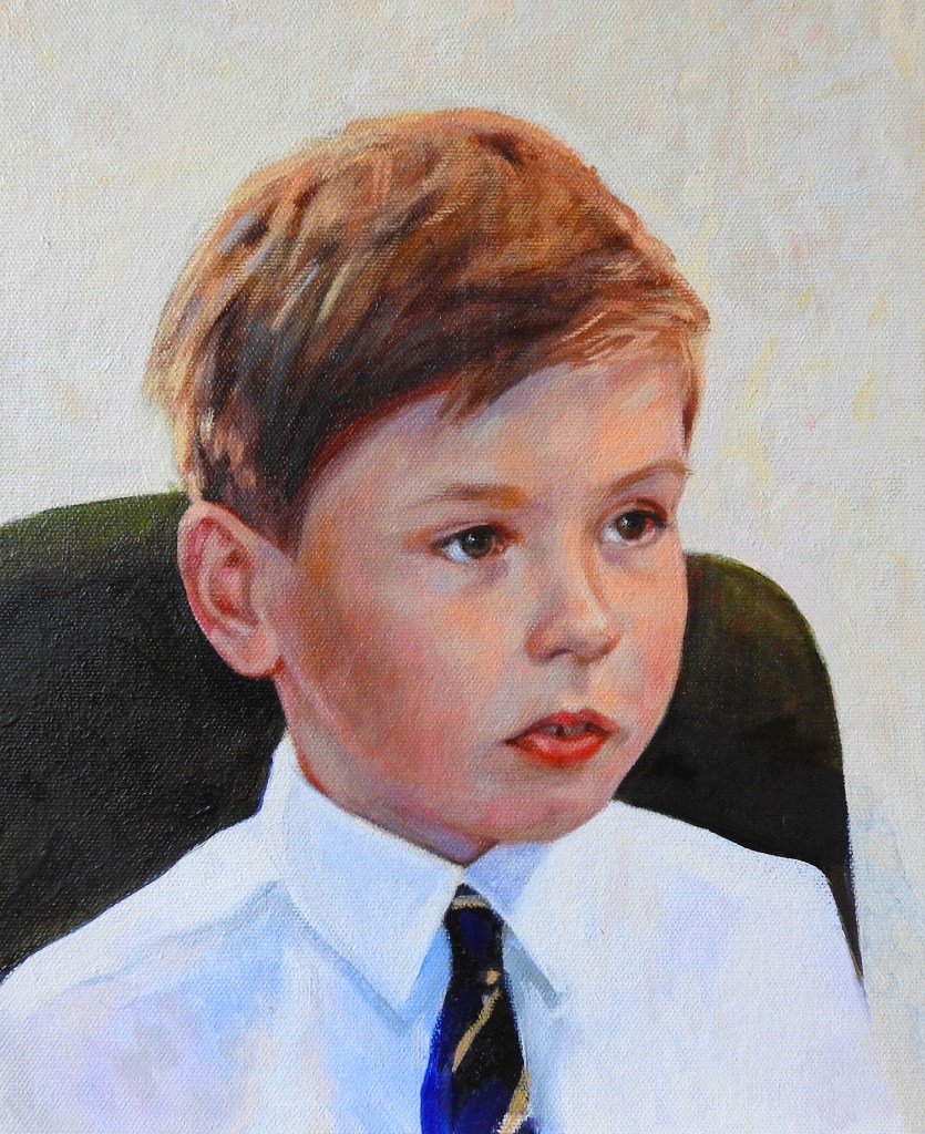 Portrait of a boy in oil on canvas. Commissioned portrait painting by UK Portrait artist. For prices of portrait paintings see my page commission a portrait