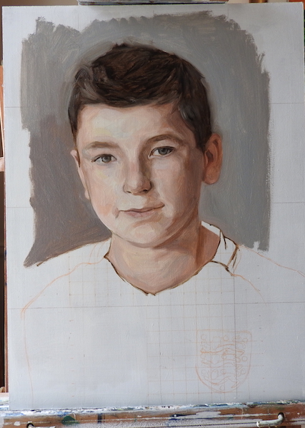 1st sitting from life on this portrait painting of a young england football fan. Painted in oil on board by UK contemporary artist Matt Harvey