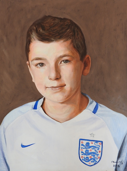 A portrait in oil on board of a young england football fan. Painted to commission by Devon based UK portrait painter and artist Matt Harvey