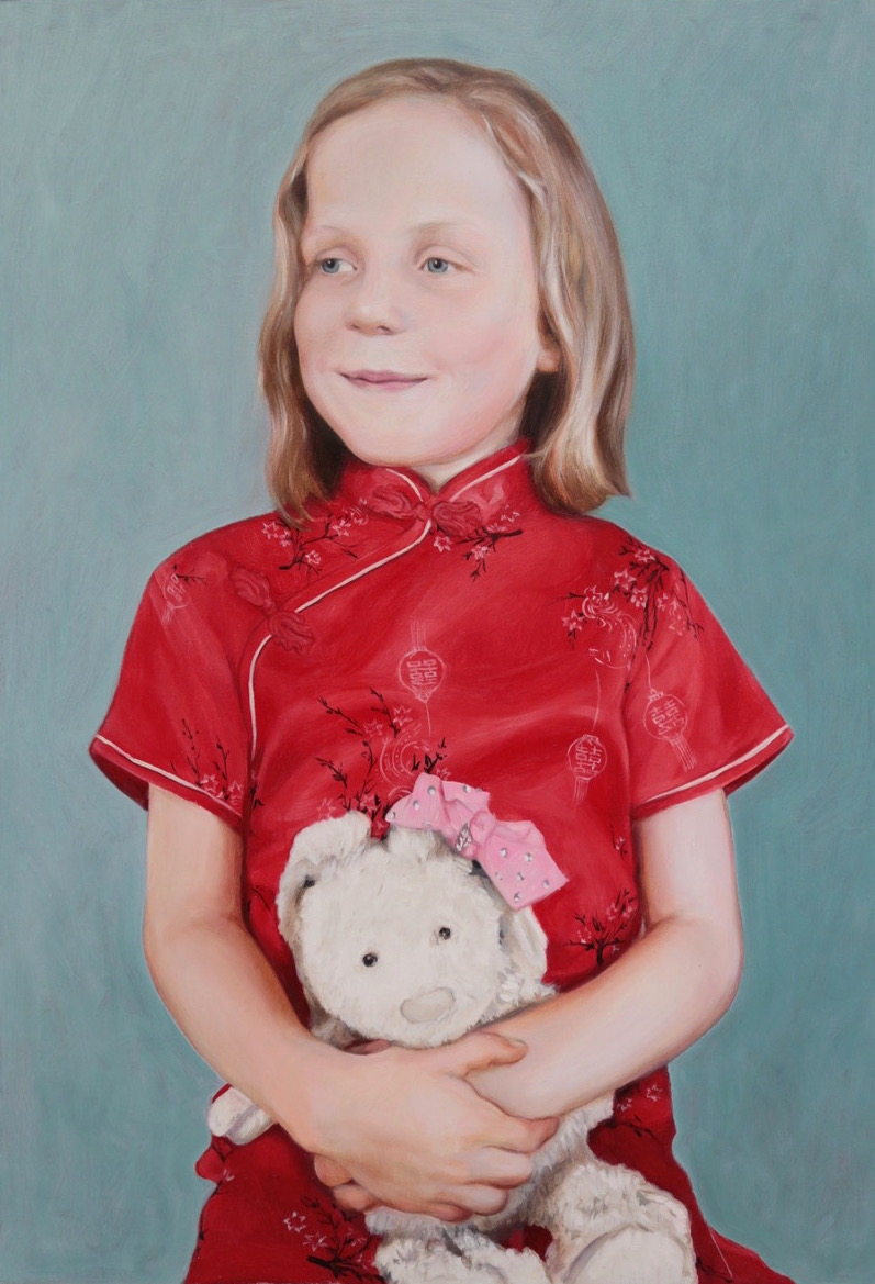 full length photo of a portrait painting by international portrait artist Matt Harvey. Girl in a red chinese dress holding her favourite teddy