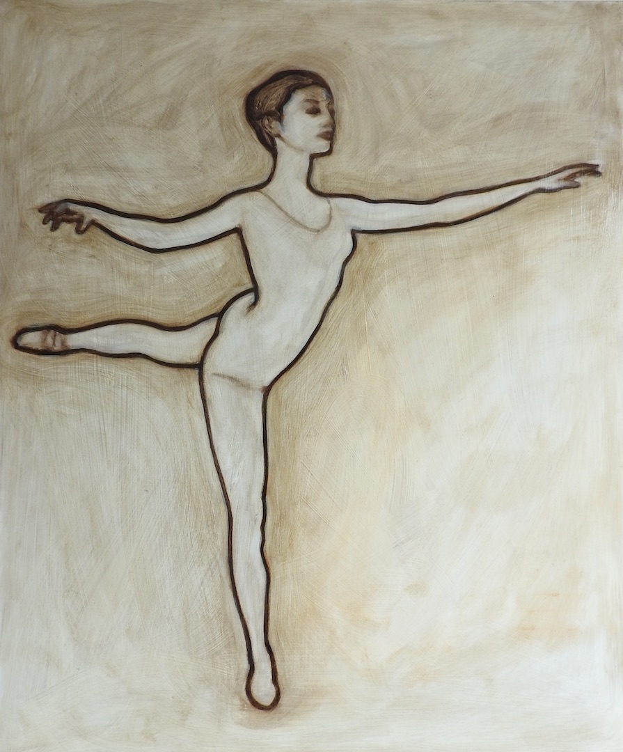 Oil painting of a ballerina in michael harding's umber oil paint, by matt harvey, UK based contemporary artist and portrait painter