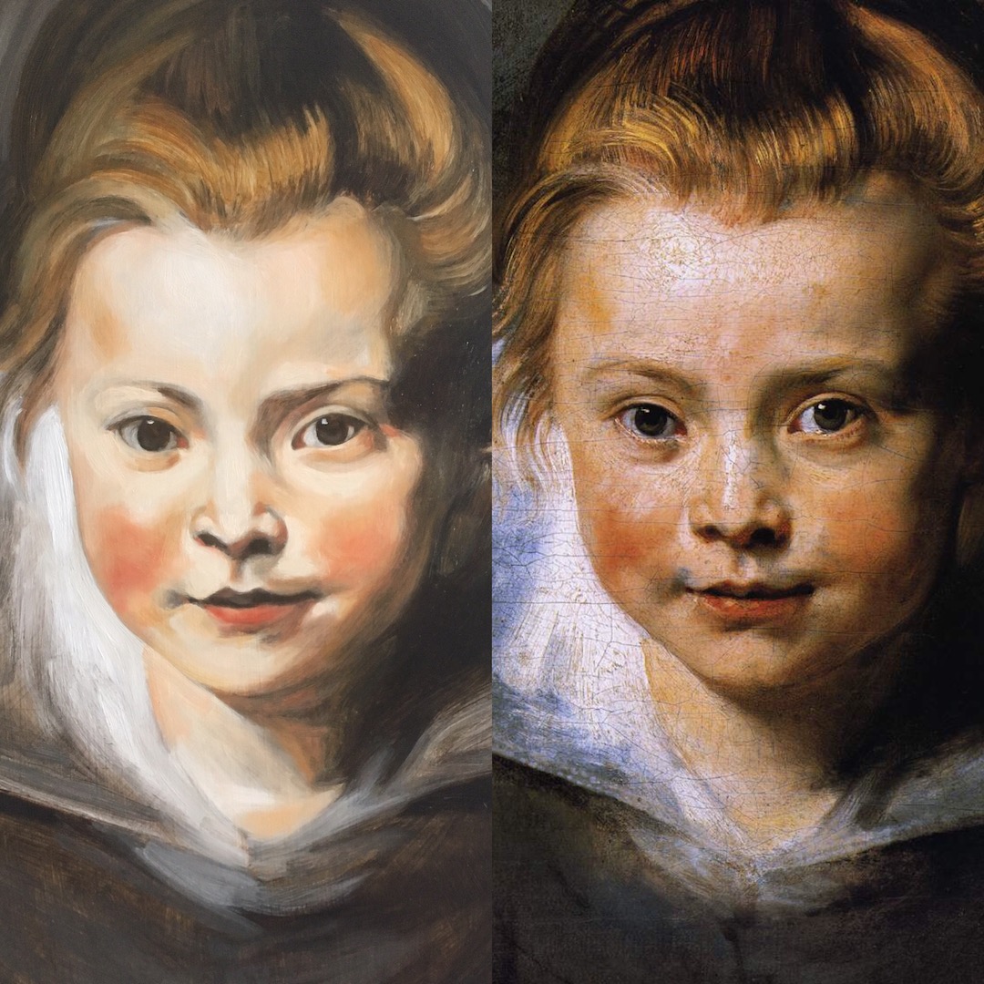 Art demonstration showing the techniques of the old masters. Portrait of a young girl after Peter Paul Rubens, by Matt Harvey, filmed in real time over 1 hour 15 minutes painting the glaze in 3 colours, Titanium White, Vermillion and Yellow Ochre