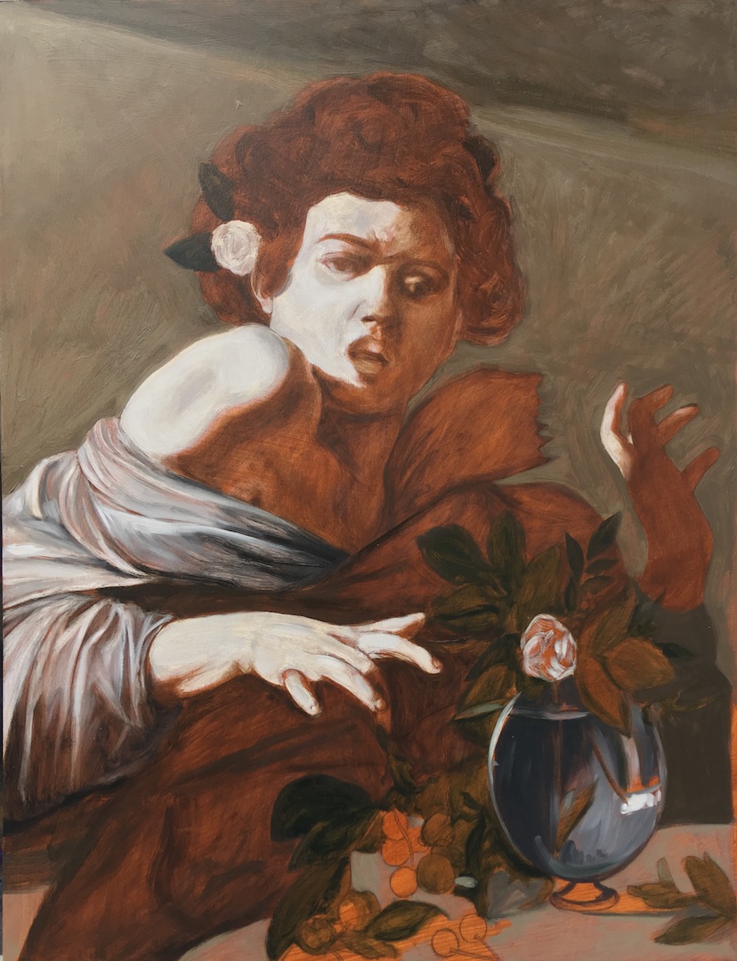 This is a copy of a Caravaggio at the underpainting stage where I have painted the grisaille and used Raw Umber and Burnt Umber to create the shadows