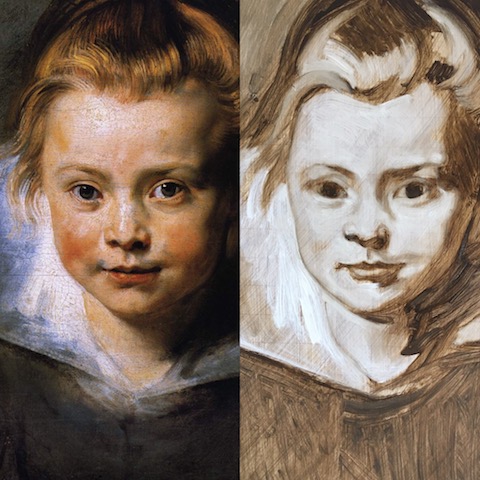 1st underpainting layer in Raw Umber and White of a copy of Rubens' portrait of a young girl by matt Harvey Art