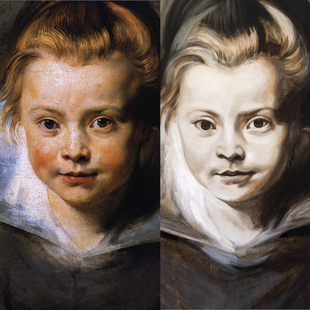 Peter Paul Rubens portrait of a young girl and a grisaille copy by Matt Harvey Art. Baroque painting and grisaille