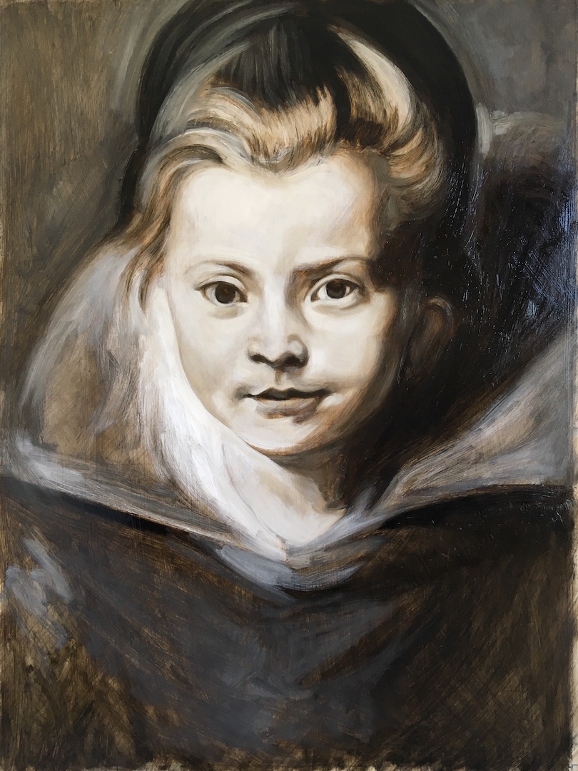 Grisaille underpainting by Matt Harvey of a copy of Rubens' portrait of a young girl. Available as a print in my etsy shop for anyone who wants to have a go glazing.