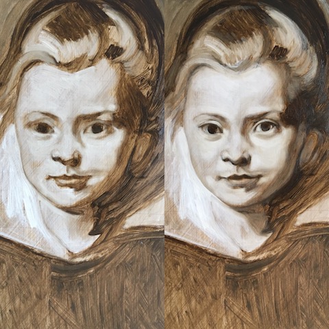 Rubens girl underpainting 1&2, oil on board, matt harvey art copy
