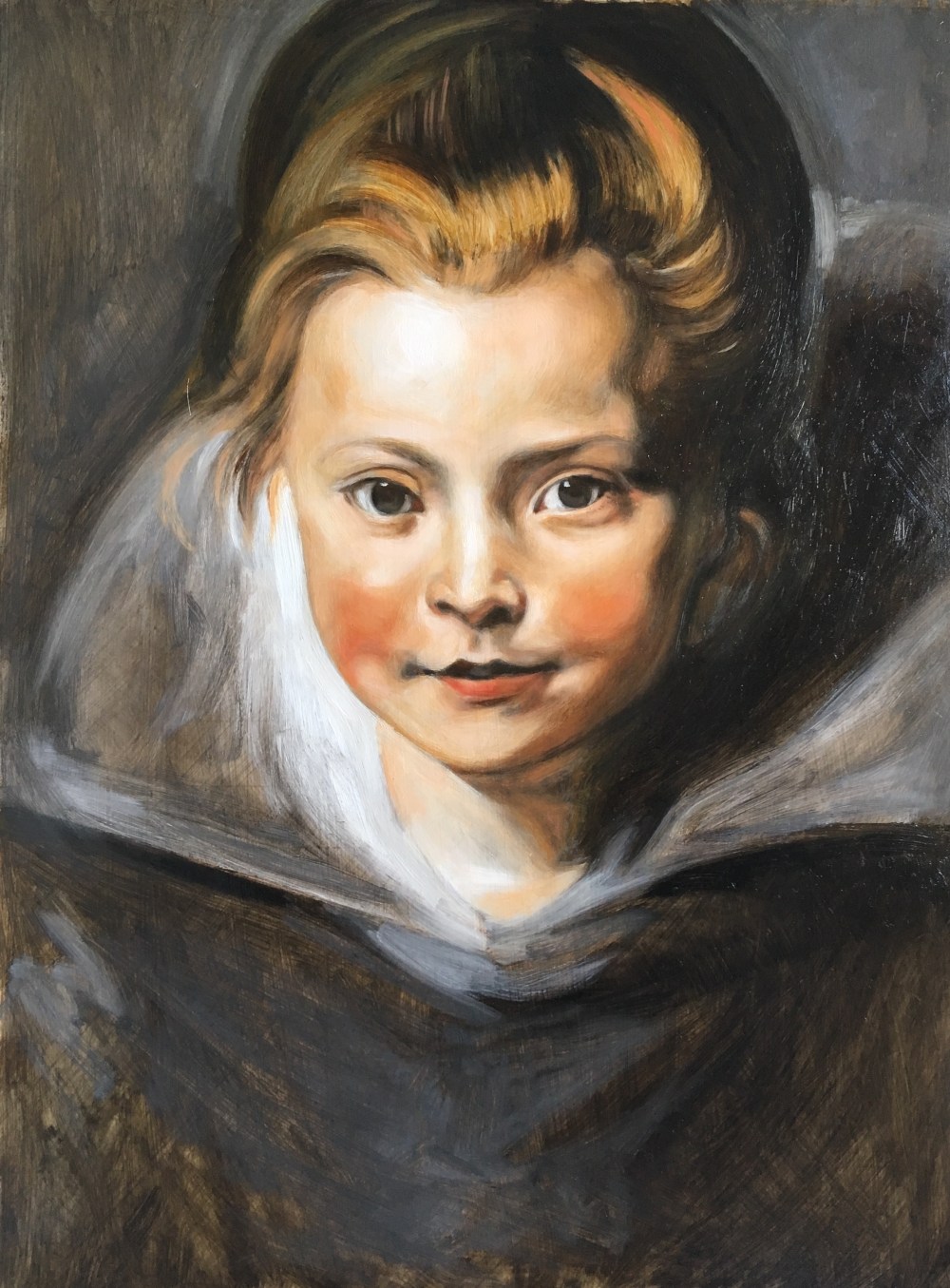 After filming 2nd glaze over the grisaille underpainting, using hogs hair, sable and synthetic brushes.