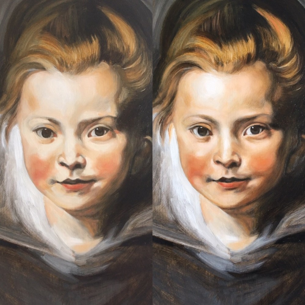 showing the difference between glazes on portrait painting of a young girl after Rubens, by Matt Harvey Art