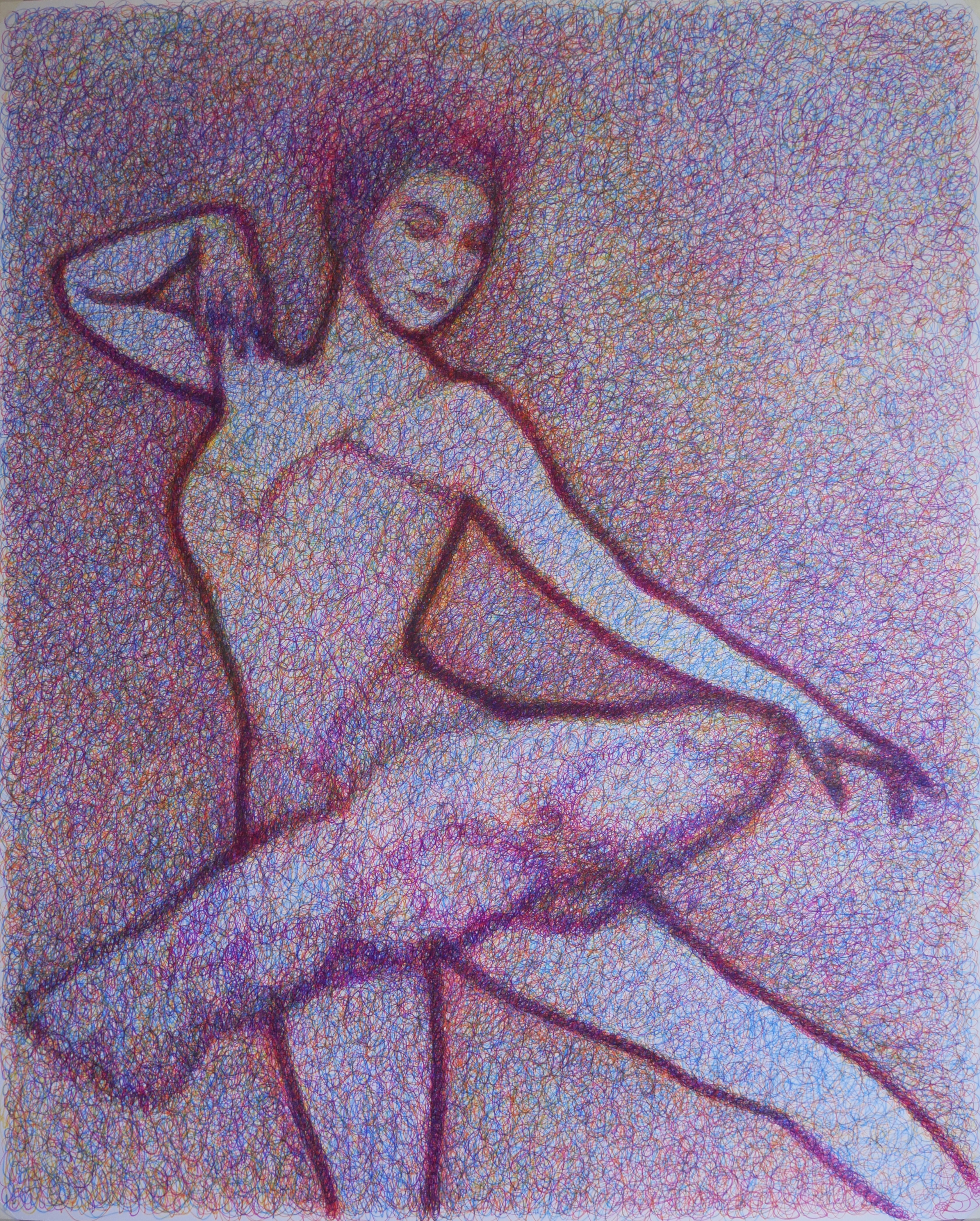 Drawing of a ballerina by Matt Harvey in felt tip pen. Figure drawing in colour, using rose madder, blue, yellow, orange and purple