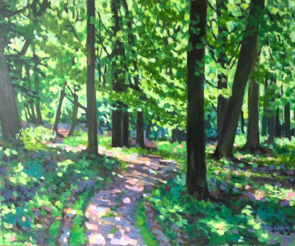Oil painting of an Oxfordshire Beechwood in spring by Matt Harvey Uk portrait painter and artist