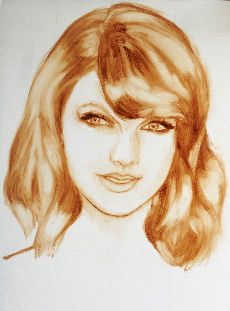 bistre drawing of Taylor Swift, oil on board using burnt umber and linseed oil medium. By UK portrait painter Matt Harvey Art