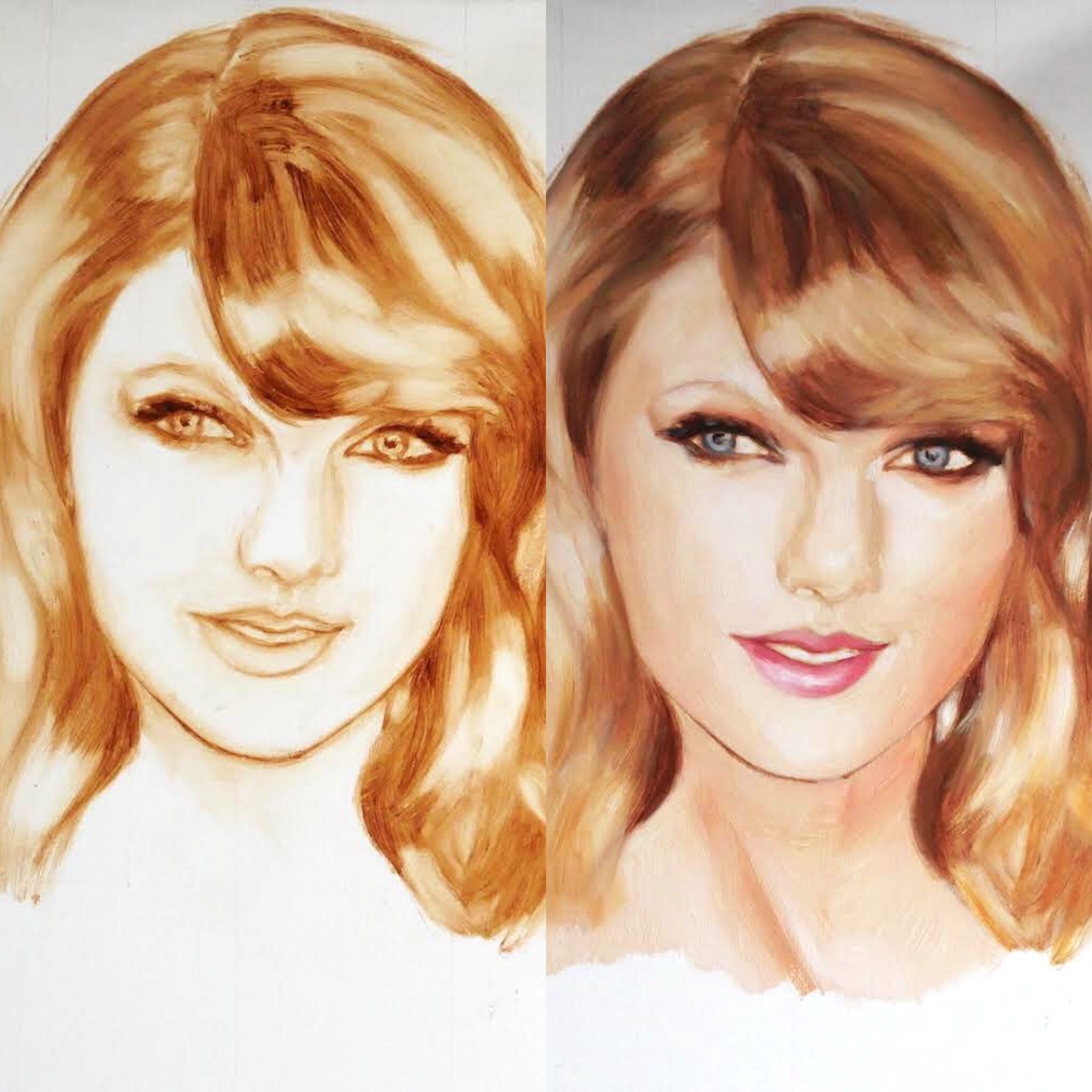 Portrait of Taylor Swift showing the drawing stage in burnt umber and linseed oil medium, and then the first colour glaze
