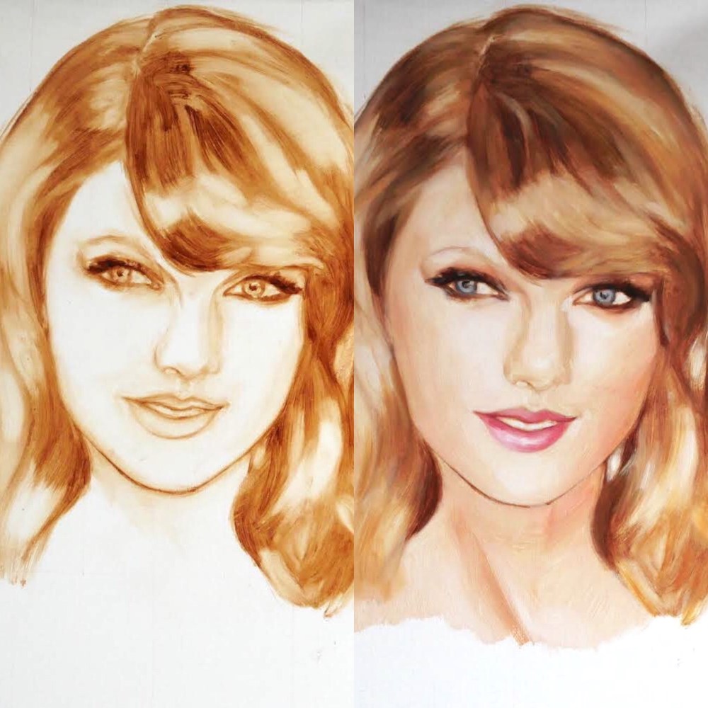 Portrait of Taylor Swift showing the drawing stage in burnt umber and linseed oil medium, and then the first colour glaze