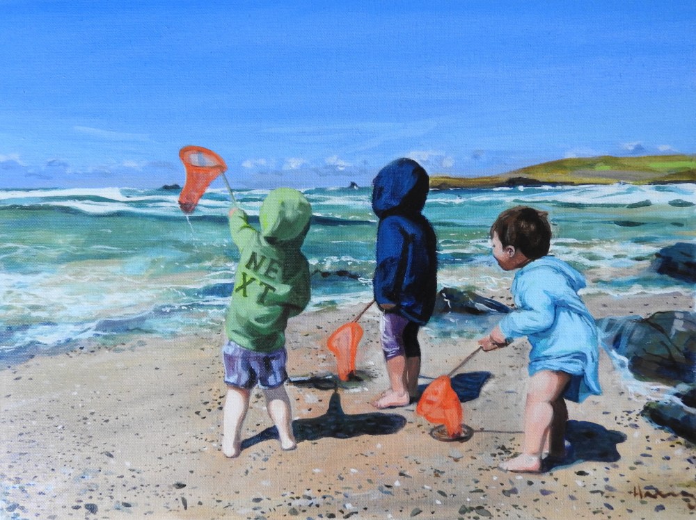 a painting of some boys rockpooling with nets in Cornwall in oil and acrylic by Matt Harvey portrait artist
