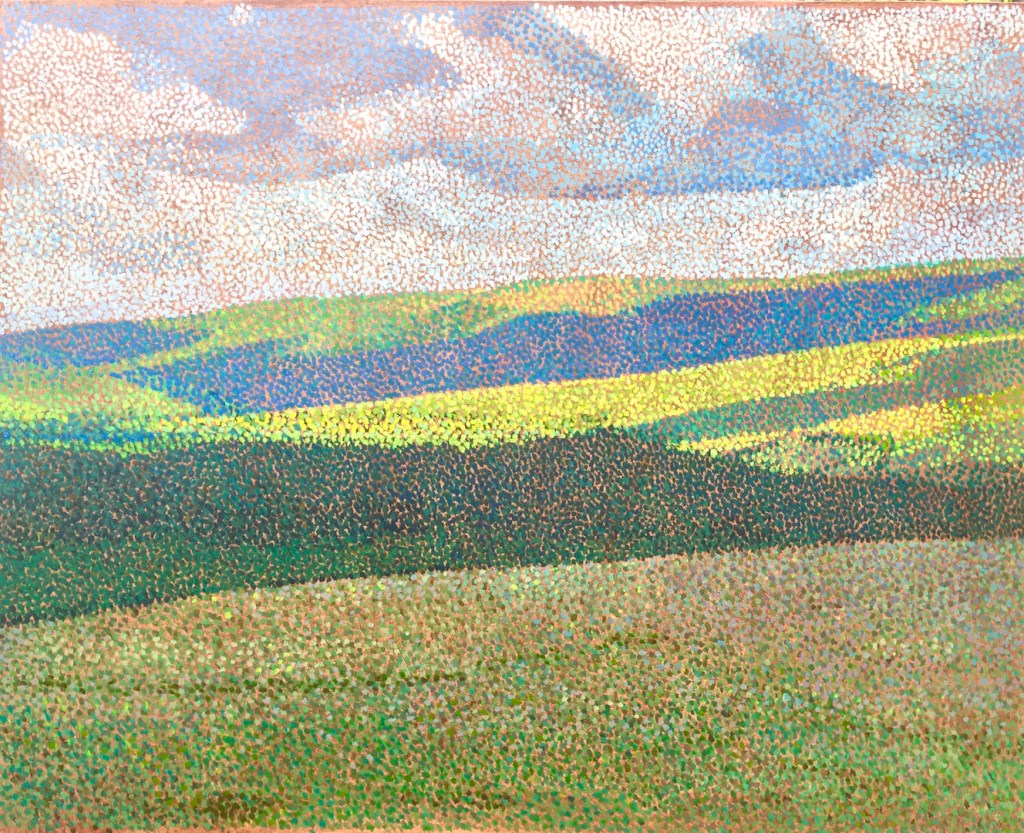 abstract landscape painting in pointillist style by Matt Harvey. Pointillism was invented by Seurat and was a post impressionist movement. Notable painters using this style were Signac and briefly, Matisse