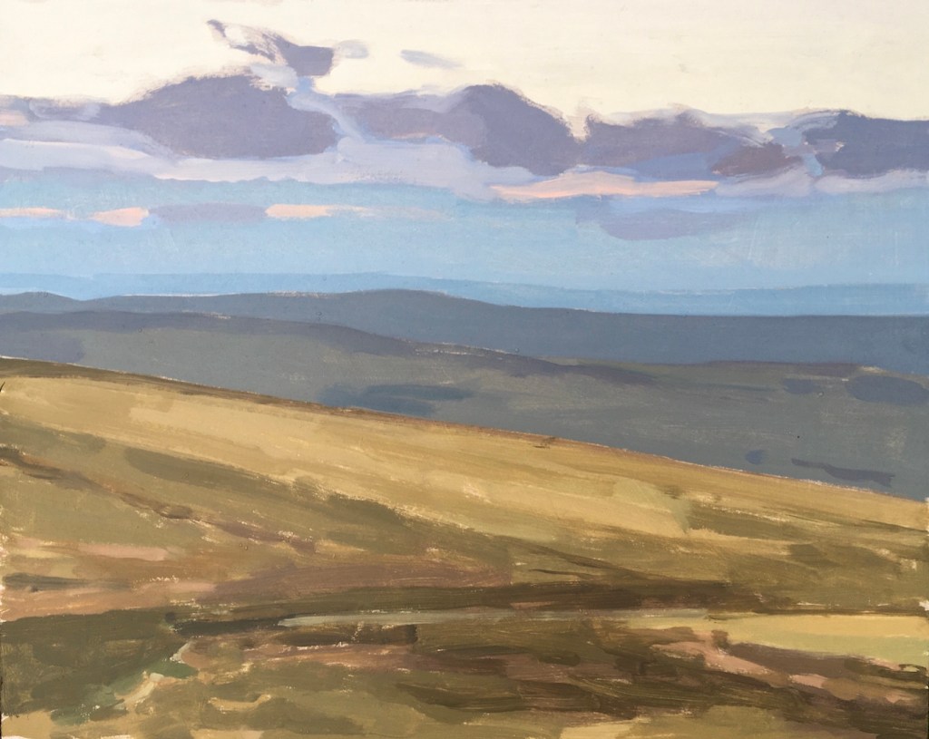 Oil painting of a view of British landscape in Devon, showing Dartmoor as seen from Haytor. This painting is for sale on my website.