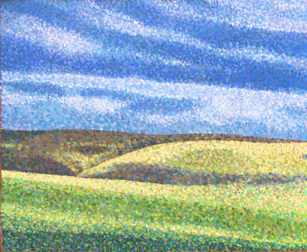 Oil painting in pointillist style for sale of sunlight pouring through the clouds on Dartmoor creating a jewel like effect