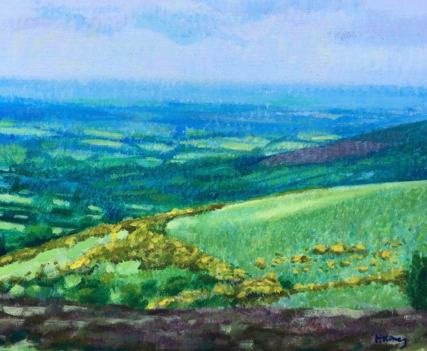 Painted in oil on canvas, capturing the light in atmospheric perspective, looking north over rolling devon moor and hills