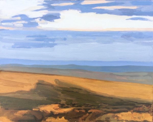 Painting in oil on board of shadows on the hills cast by Haytor on Dartmoor. Beautiful deep oranges against cool shadows and a pale blue sky create a scene of calm and tranquillity