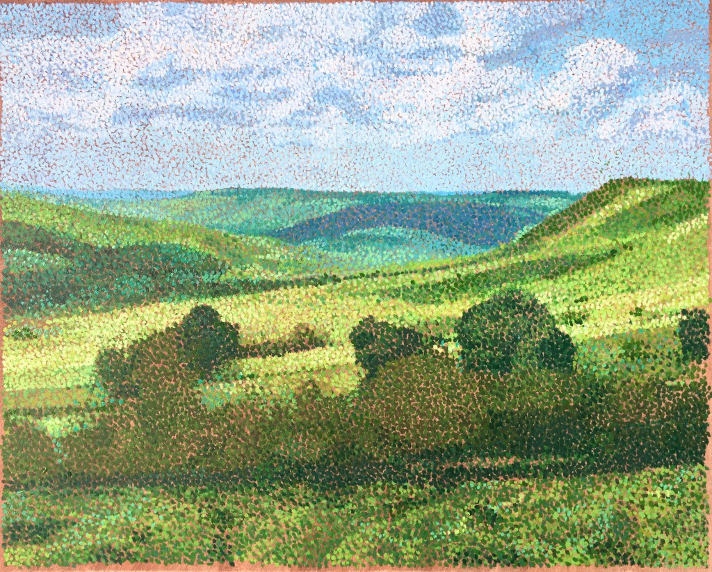 pointillist landscape painting showing trees and hills in the distance on Dartmoor, UK